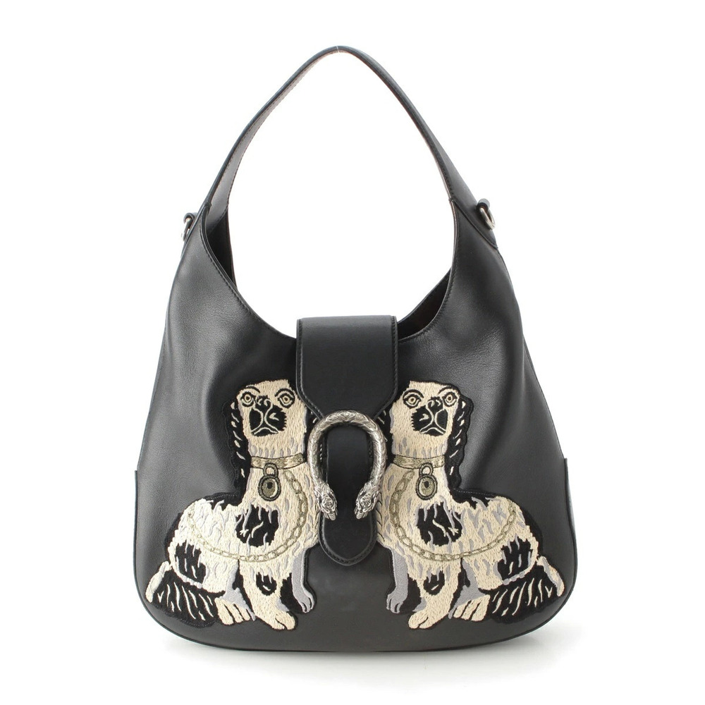 Gucci Hobo Leather Dionysus Embroidery One Shoulder Bag Black